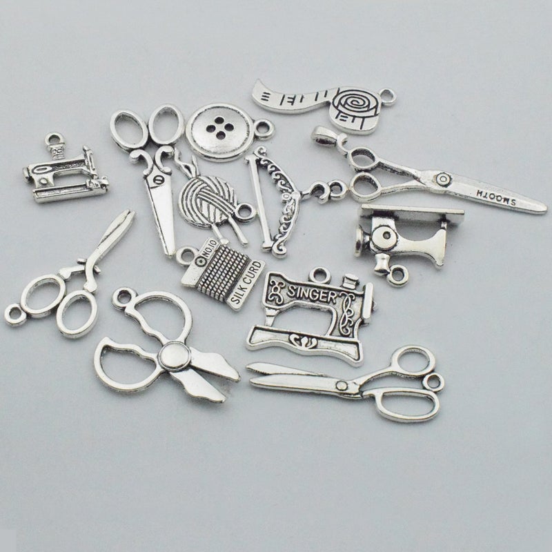 Youdiyla 68 PCS Silver Sewing Charms Collection - Mix Antique Scissor Pipe Yarn Clew Button Pendant Metal Supplies Findings for Jewelry Making (HM3) - Image 3